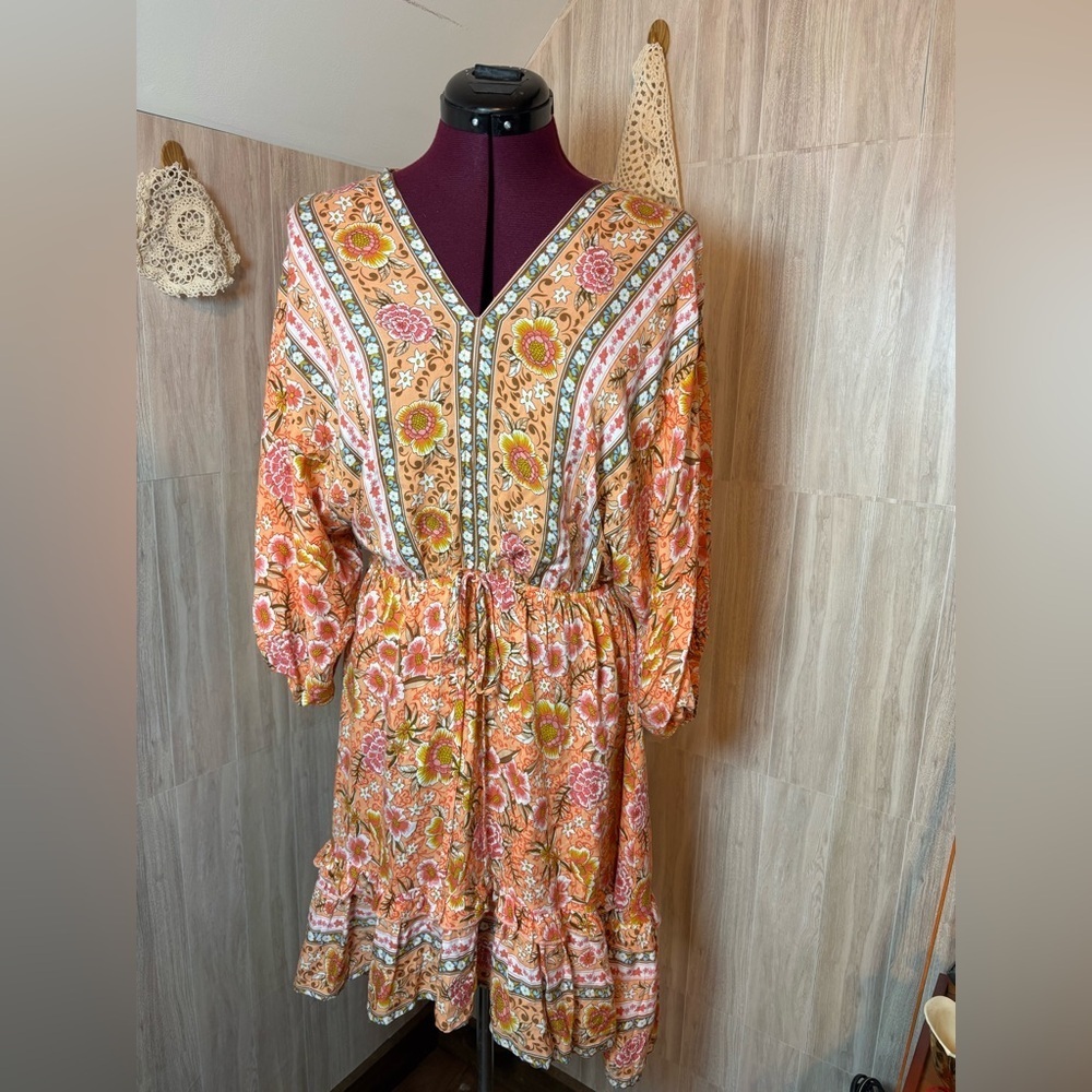 Umgee Orange Floral Boho Mini Long Sleeve Dress